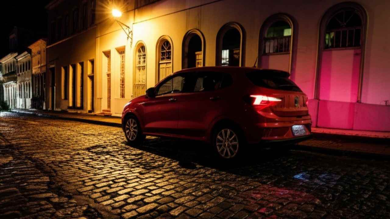 Carro estacionado em rua de paralelepípedo à noite no Pelourinho, Salvador, representando o risco urbano para seguro de carro.
