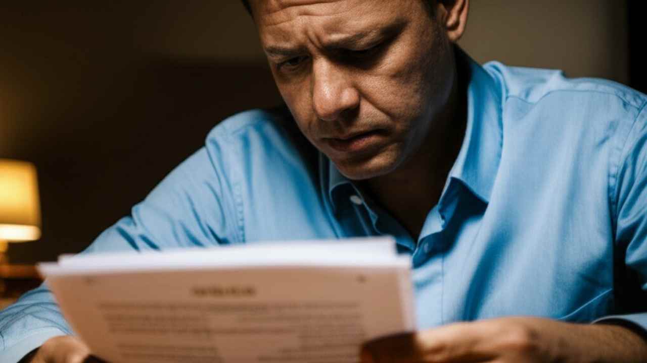 Homem preocupado lendo uma apólice de seguro de carro, ilustrando a dificuldade de entender o 'segurês' dos contratos.
