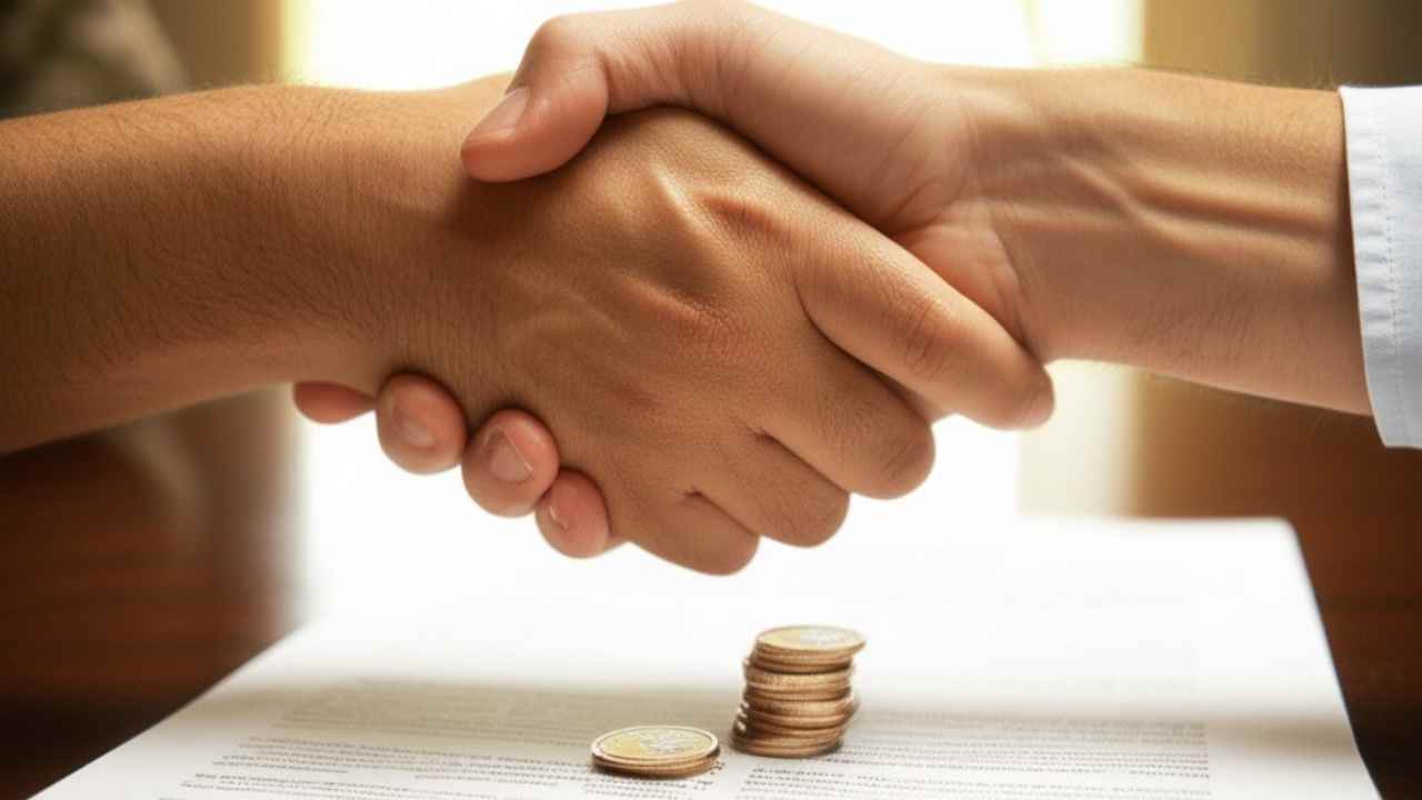 Aperto de mão firme sobre uma mesa com uma apólice de seguro, representando confiança e o princípio da máxima boa-fé na contratação.