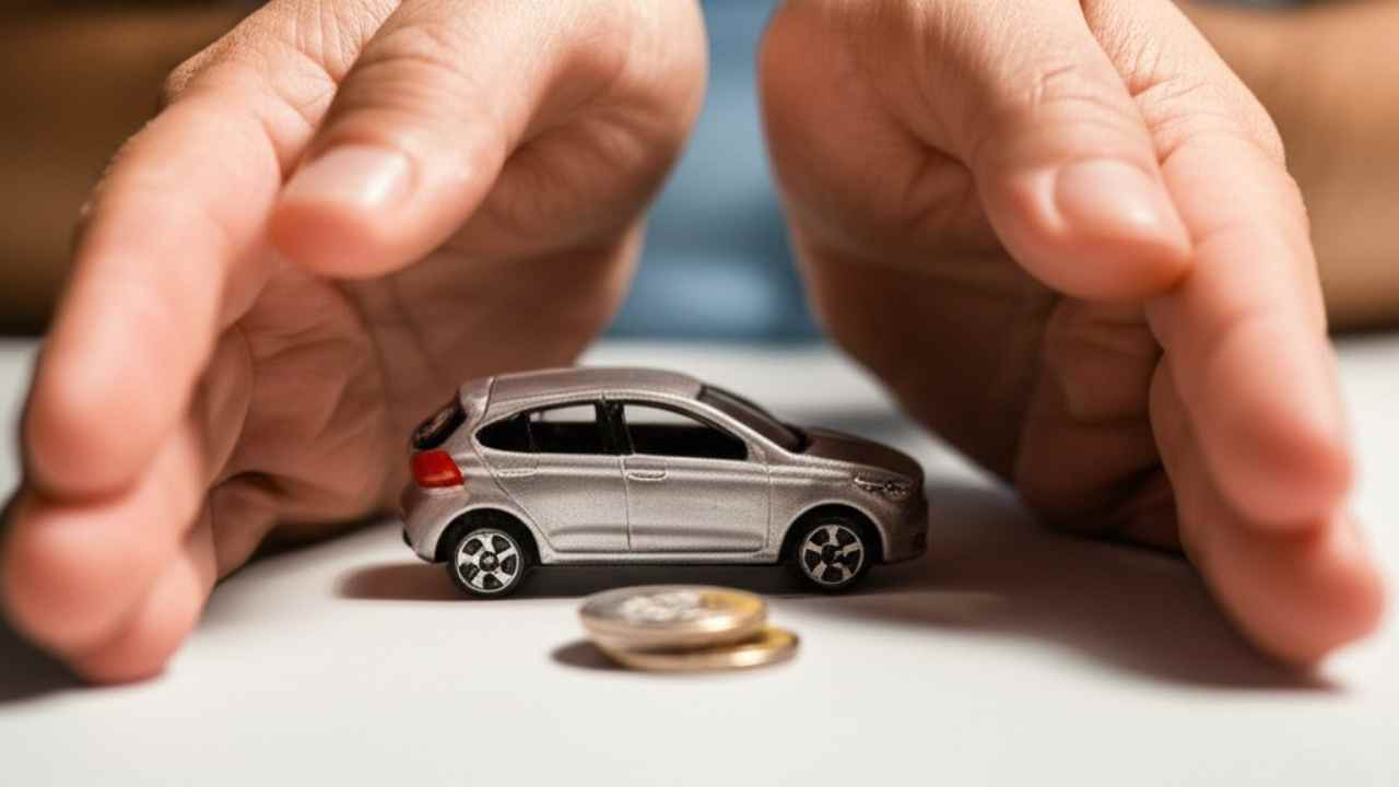 Mãos protegendo um carro em miniatura e moedas de Real, simbolizando a economia inteligente no seguro de carro.