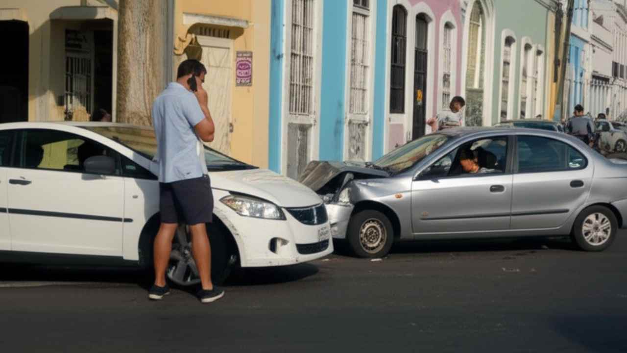 Motorista calmo ao telefone acionando a assistência do seguro após uma pequena colisão de carro em uma rua de Salvador.