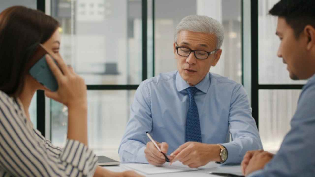 Corretor de seguros experiente em Salvador explicando uma apólice para um casal de clientes em seu escritório moderno e confiável.