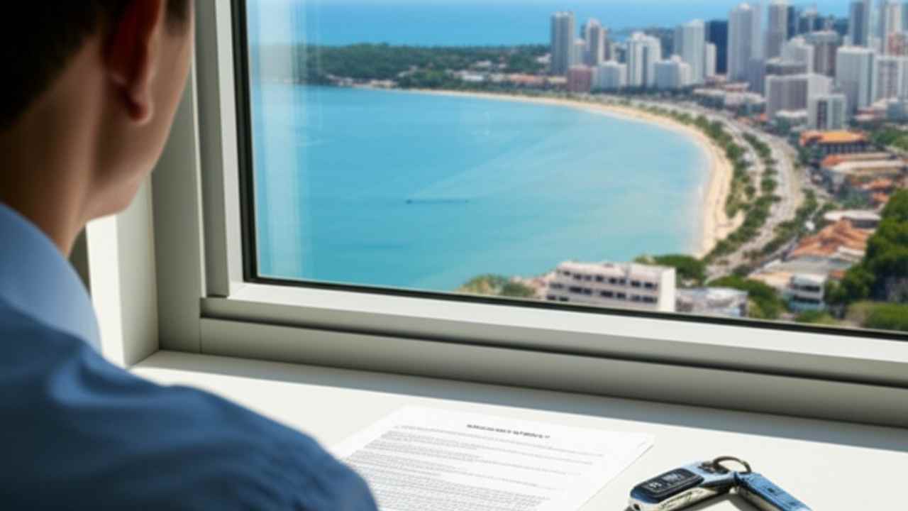 Chave de carro e apólice de seguro sobre uma mesa com vista para a orla de Salvador, simbolizando tranquilidade e patrimônio protegido.